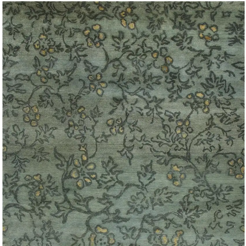 Blue Green And Gold Wool Floral Hand Knotted Area Rug Photo 3