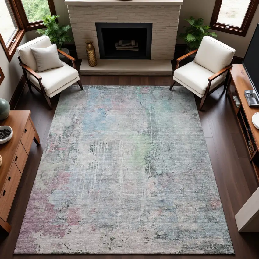 Blue Green And Gray Abstract Washable Area Rug With UV Protection Photo 3