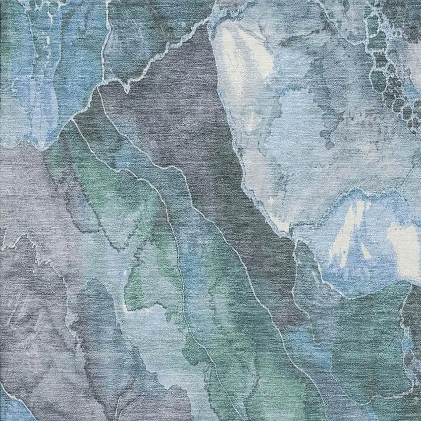 Blue Green And Gray Floral Washable Area Rug With UV Protection Photo 2