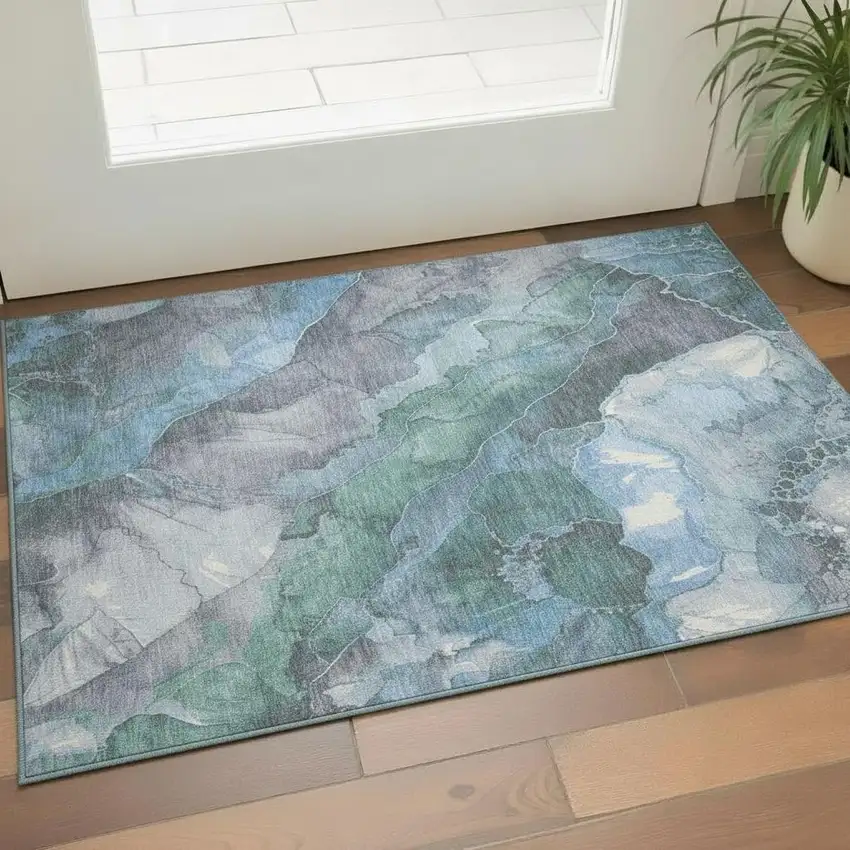 Blue Green And Gray Floral Washable Area Rug With UV Protection Photo 2