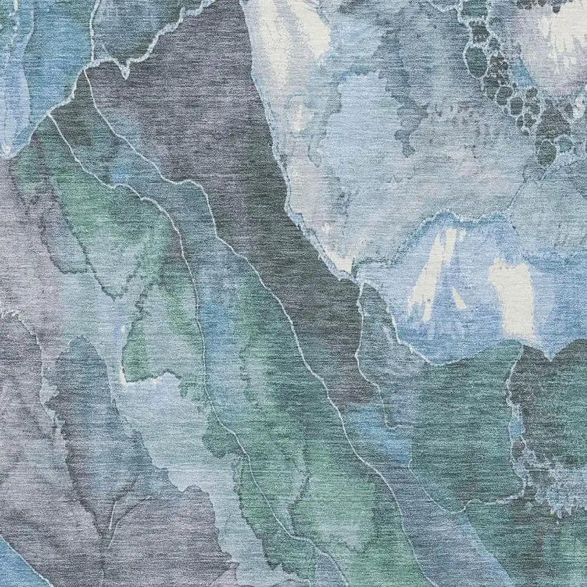 Blue Green And Gray Floral Washable Area Rug With UV Protection Photo 2