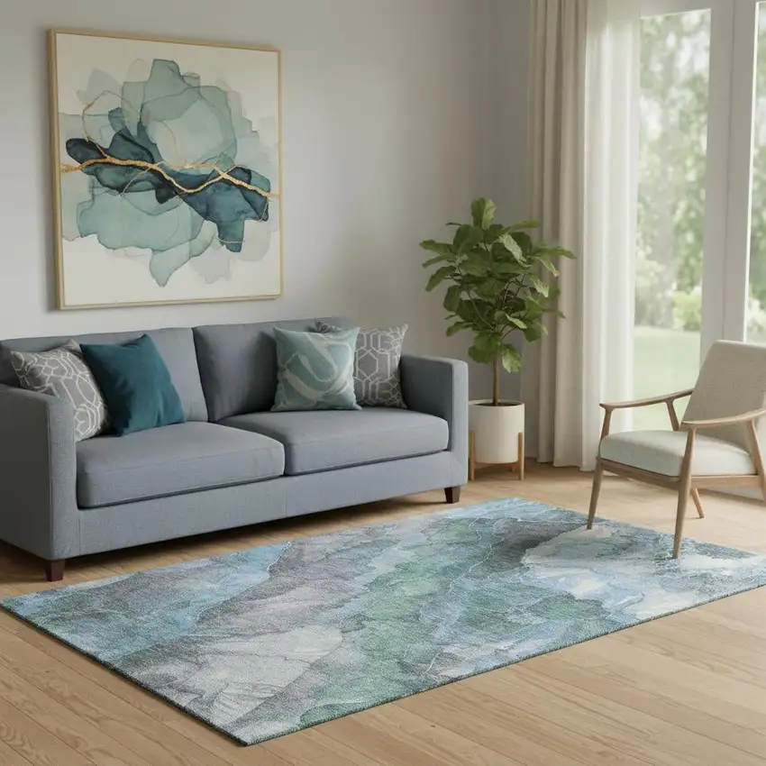 Blue Green And Gray Floral Washable Area Rug With UV Protection Photo 2