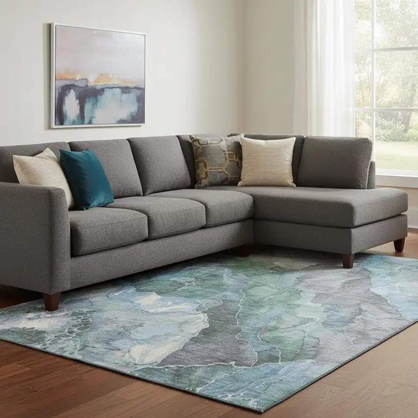 Blue Green And Gray Floral Washable Area Rug With UV Protection Photo 2