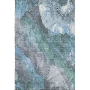 Photo of Blue Green And Gray Floral Washable Area Rug With UV Protection