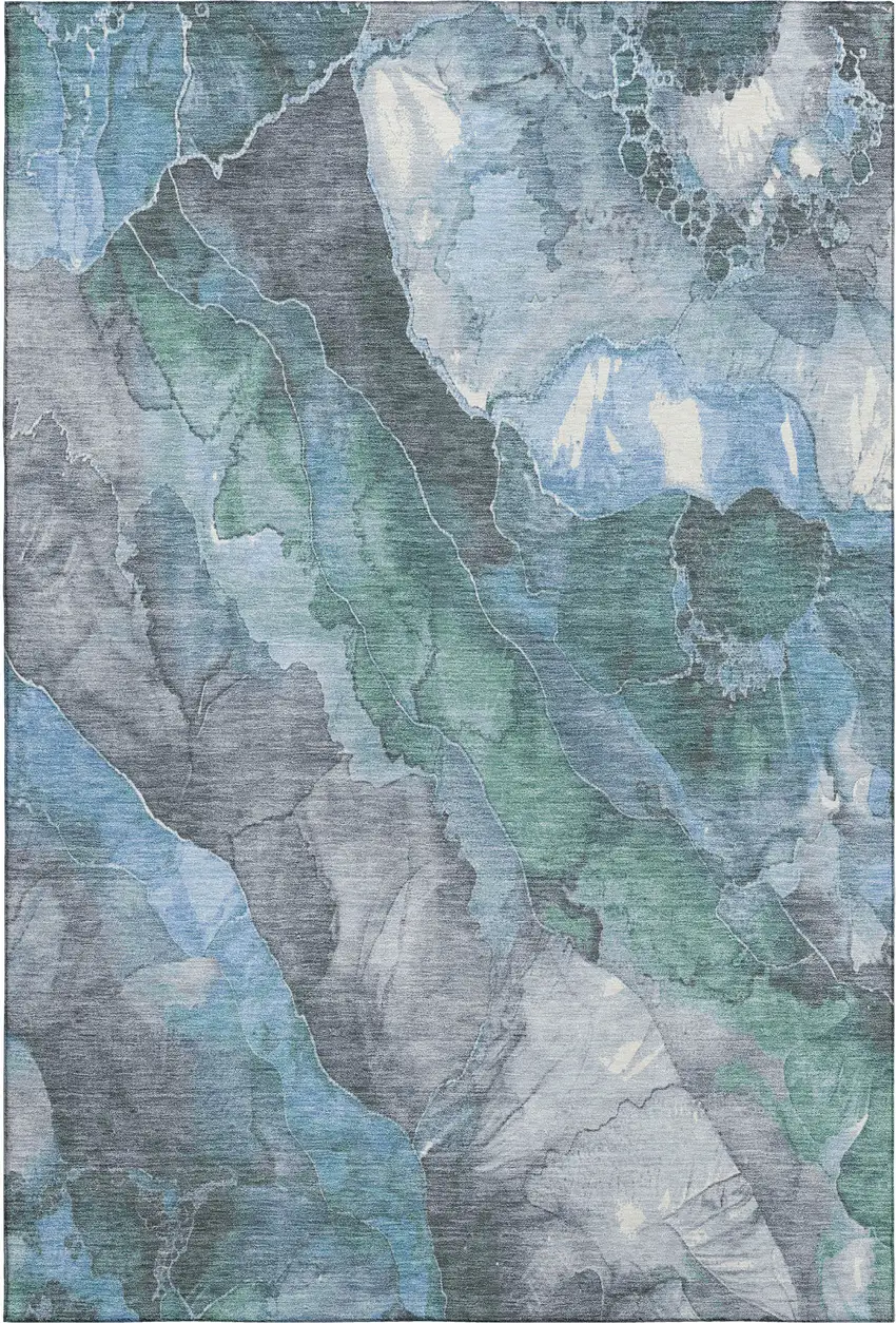 Blue Green And Gray Floral Washable Area Rug With UV Protection Photo 1