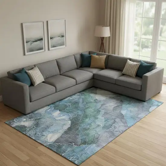 Blue Green And Gray Floral Washable Area Rug With UV Protection Photo 2