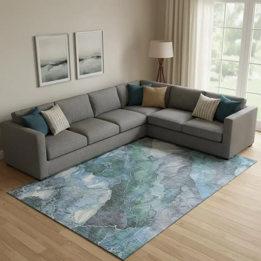 Blue Green And Gray Floral Washable Area Rug With UV Protection Photo 2