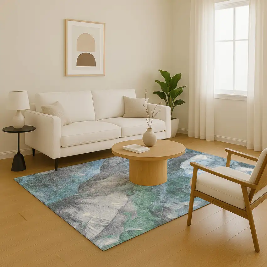 Blue Green And Gray Floral Washable Area Rug With UV Protection Photo 5