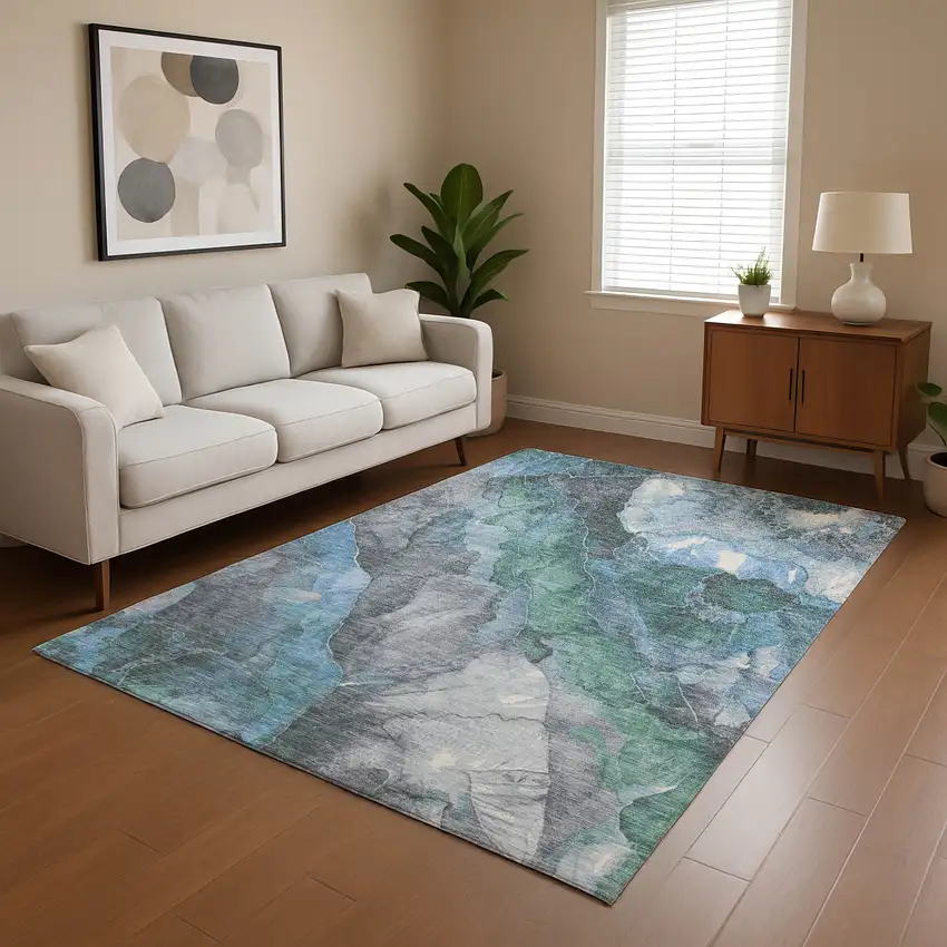 Blue Green And Gray Floral Washable Area Rug With UV Protection Photo 4