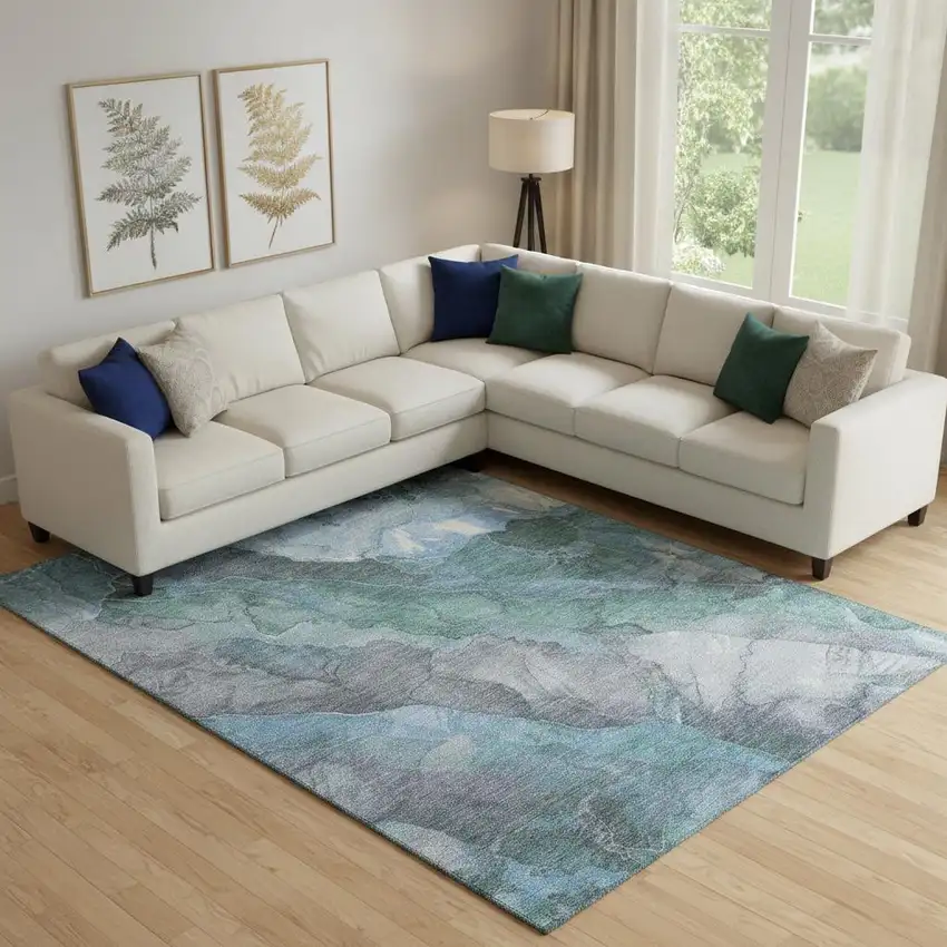 Blue Green And Gray Floral Washable Area Rug With UV Protection Photo 2