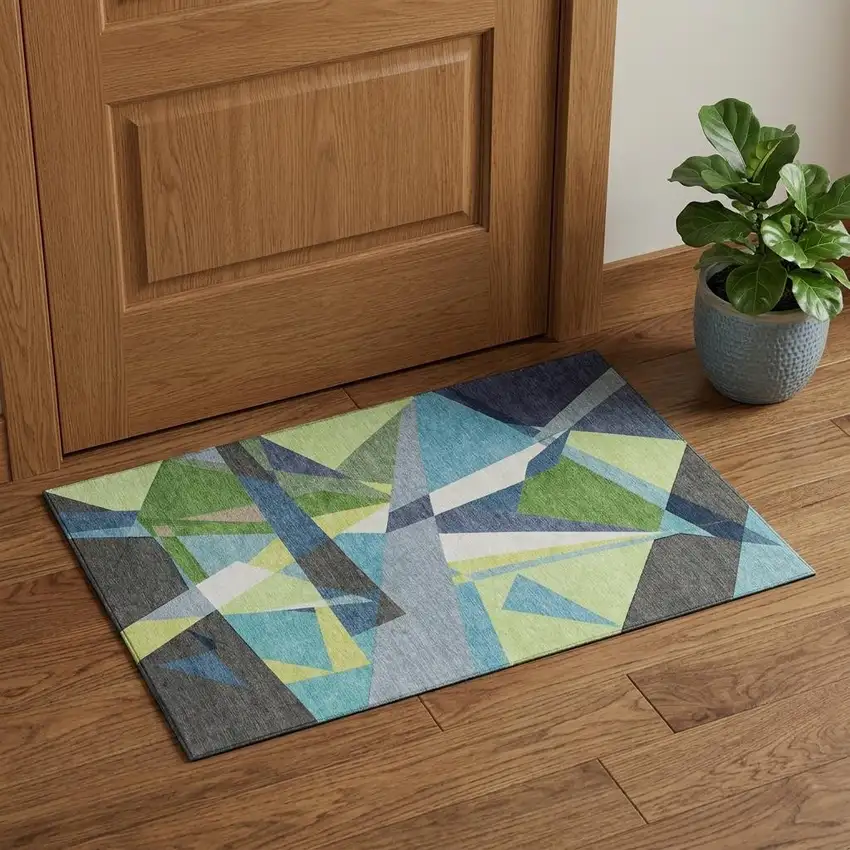 Blue Green And Gray Geometric Washable Area Rug With UV Protection Photo 1