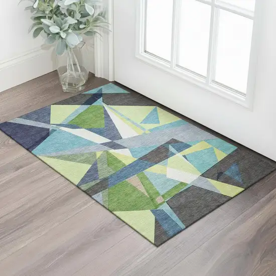 Blue Green And Gray Geometric Washable Area Rug With UV Protection Photo 2