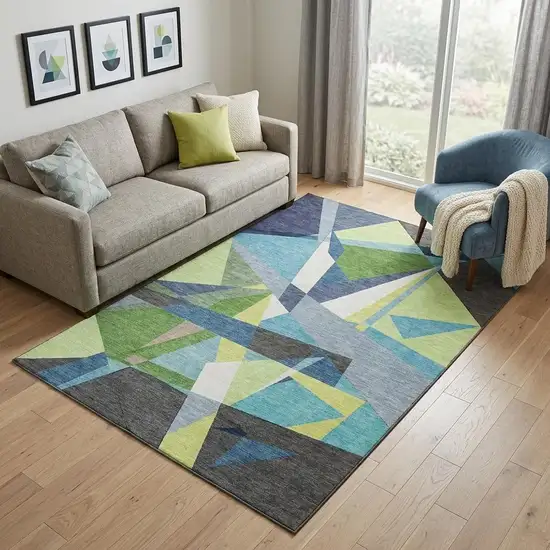 Blue Green And Gray Geometric Washable Area Rug With UV Protection Photo 1