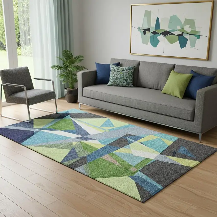 Blue Green And Gray Geometric Washable Area Rug With UV Protection Photo 2