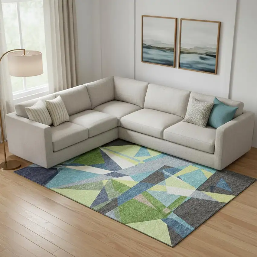 Blue Green And Gray Geometric Washable Area Rug With UV Protection Photo 2