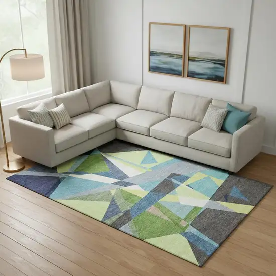 Blue Green And Gray Geometric Washable Area Rug With UV Protection Photo 2