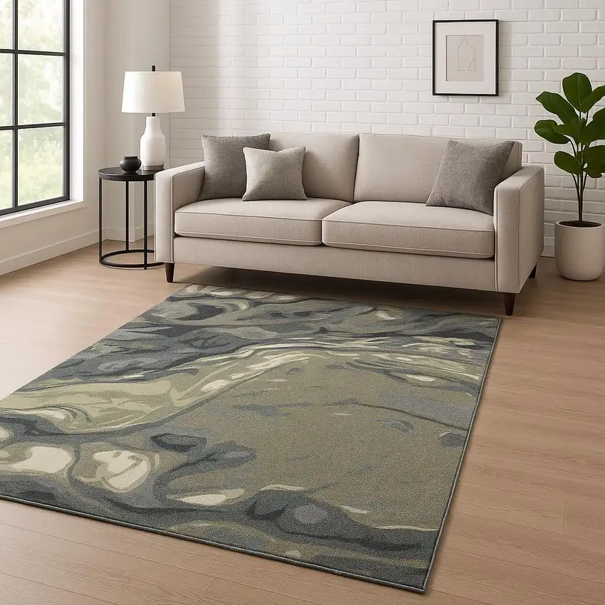 Blue Green And Grey Abstract Power Loom Stain Resistant Area Rug Photo 1