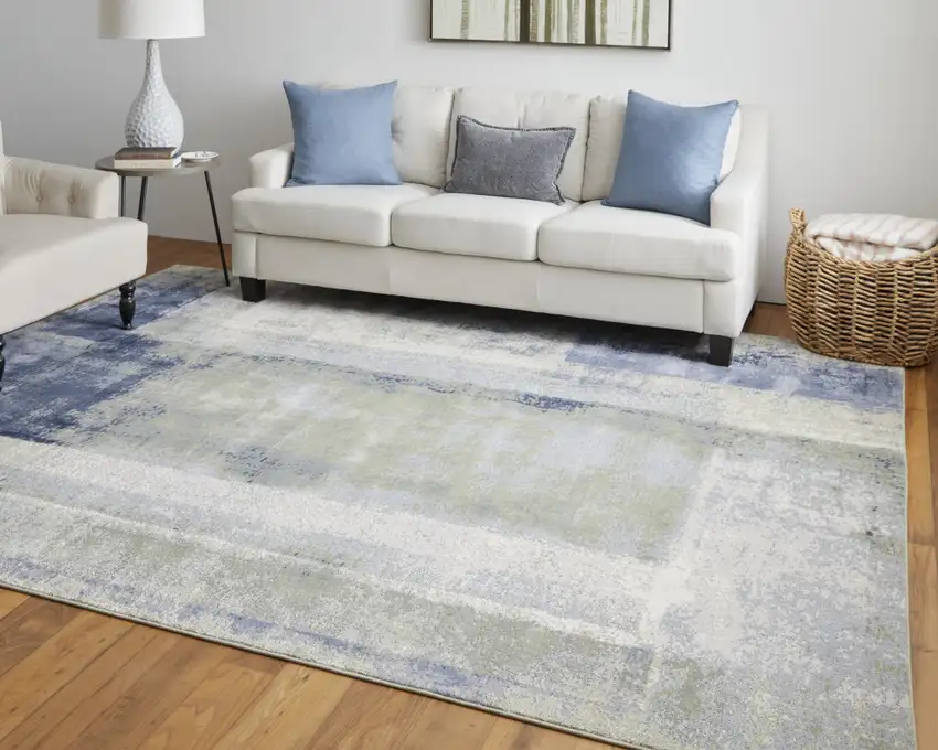 Blue Green And Ivory Abstract Power Loom Distressed Area Rug Photo 6