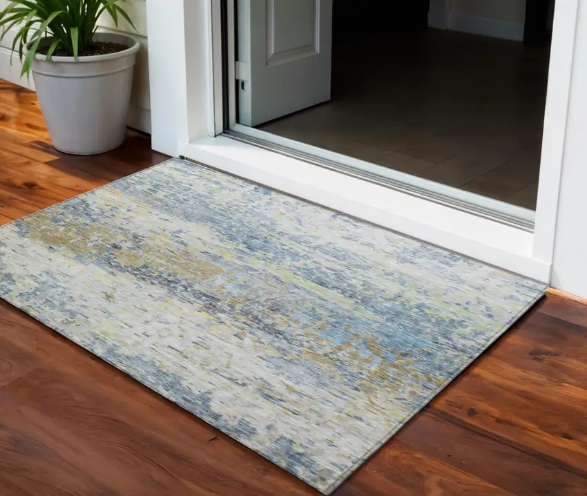 Blue Green And Ivory Abstract Washable Indoor Outdoor Area Rug Photo 1