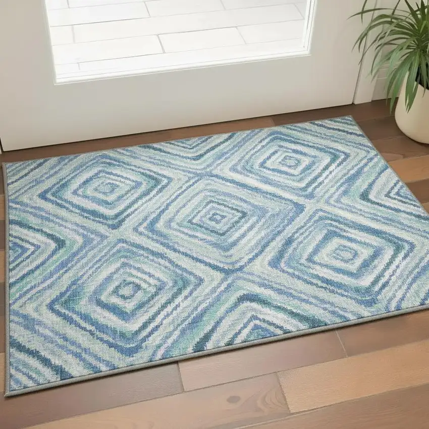 Blue Green And Ivory Geometric Washable Area Rug With UV Protection Photo 2