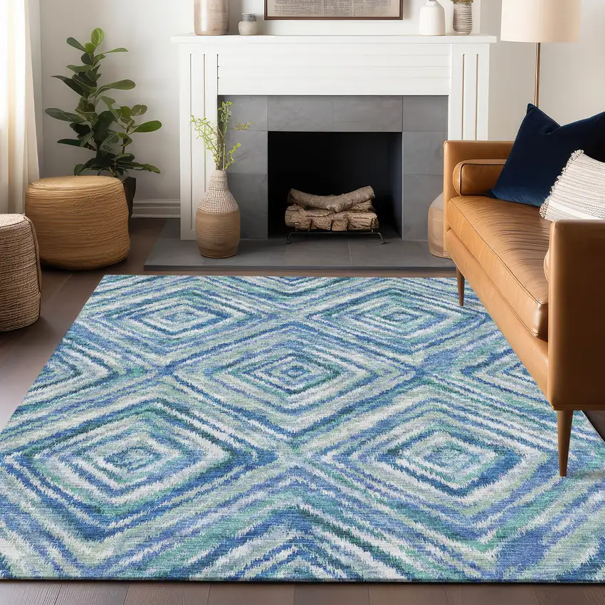 Blue Green And Ivory Geometric Washable Area Rug With UV Protection Photo 6