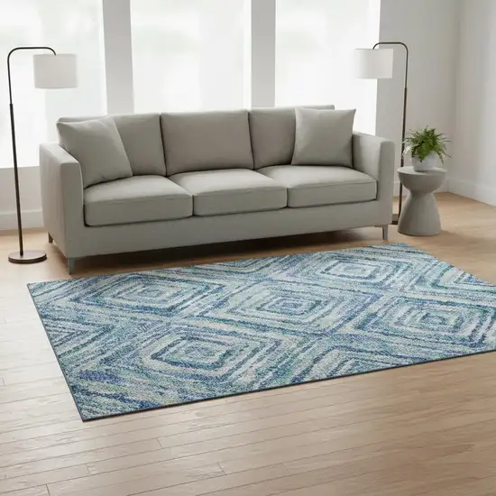 Blue Green And Ivory Geometric Washable Area Rug With UV Protection Photo 2