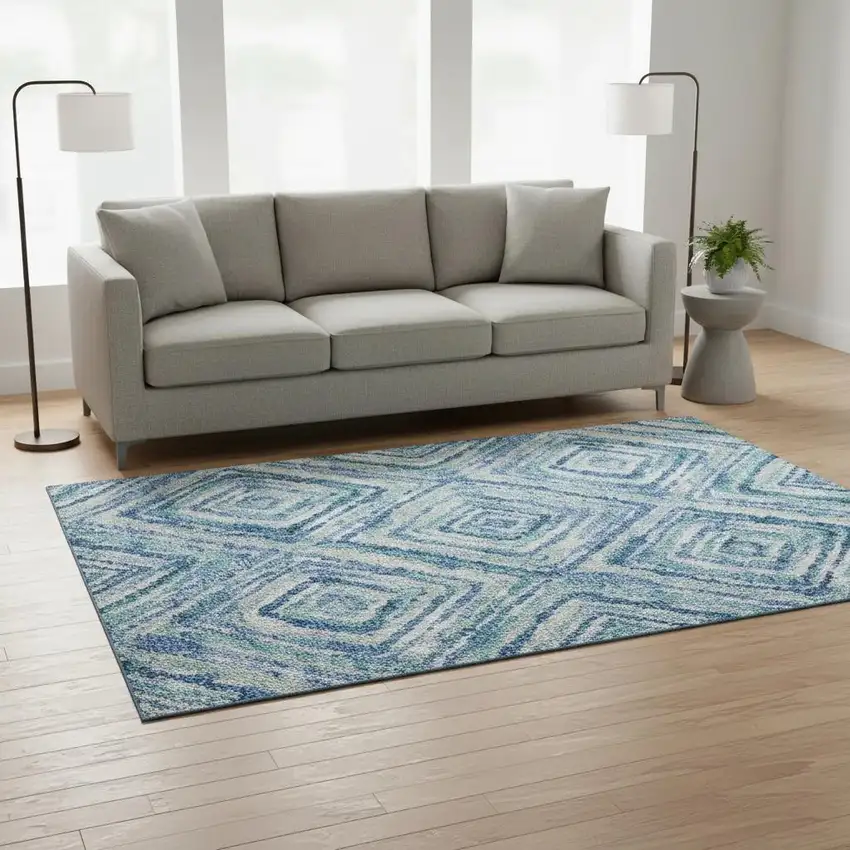 Blue Green And Ivory Geometric Washable Area Rug With UV Protection Photo 2
