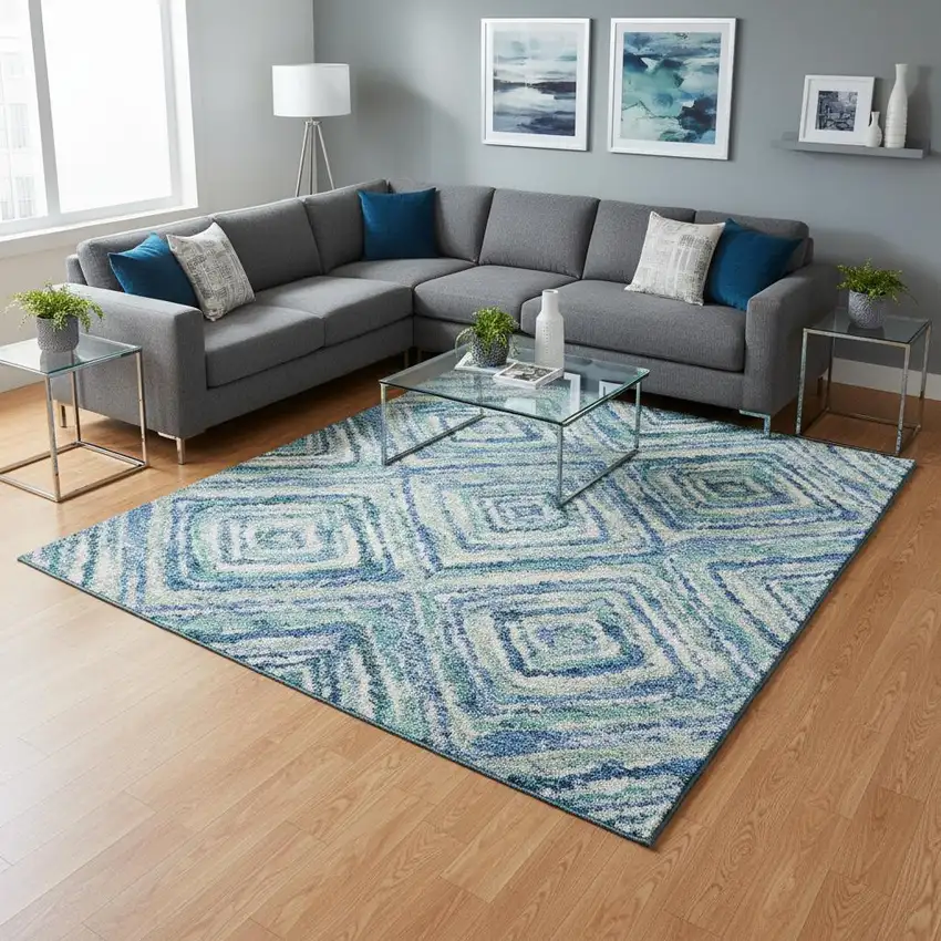 Blue Green And Ivory Geometric Washable Area Rug With UV Protection Photo 2