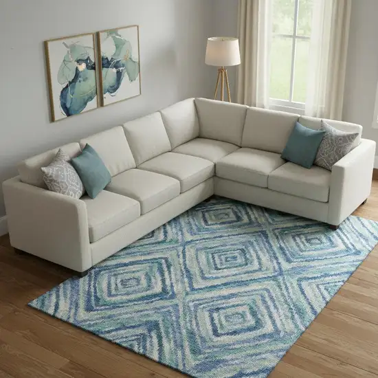 Blue Green And Ivory Geometric Washable Area Rug With UV Protection Photo 1