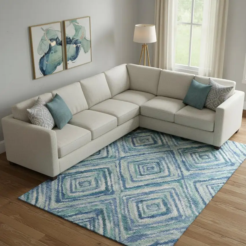 Blue Green And Ivory Geometric Washable Area Rug With UV Protection Photo 1