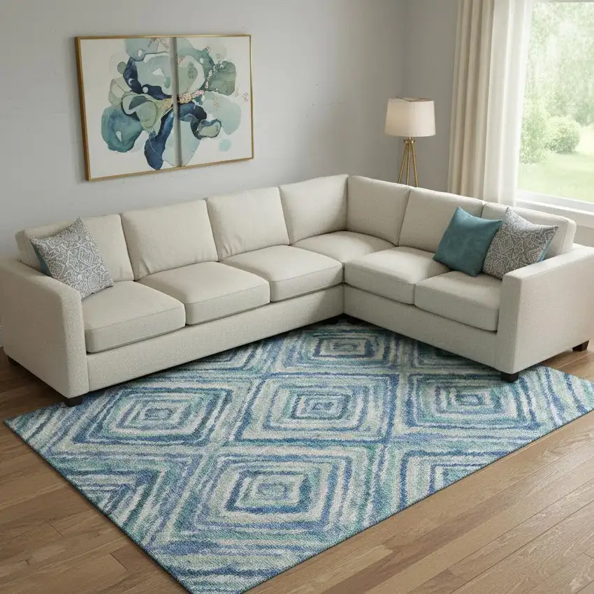 Blue Green And Ivory Geometric Washable Area Rug With UV Protection Photo 1