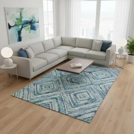 Blue Green And Ivory Geometric Washable Area Rug With UV Protection Photo 2