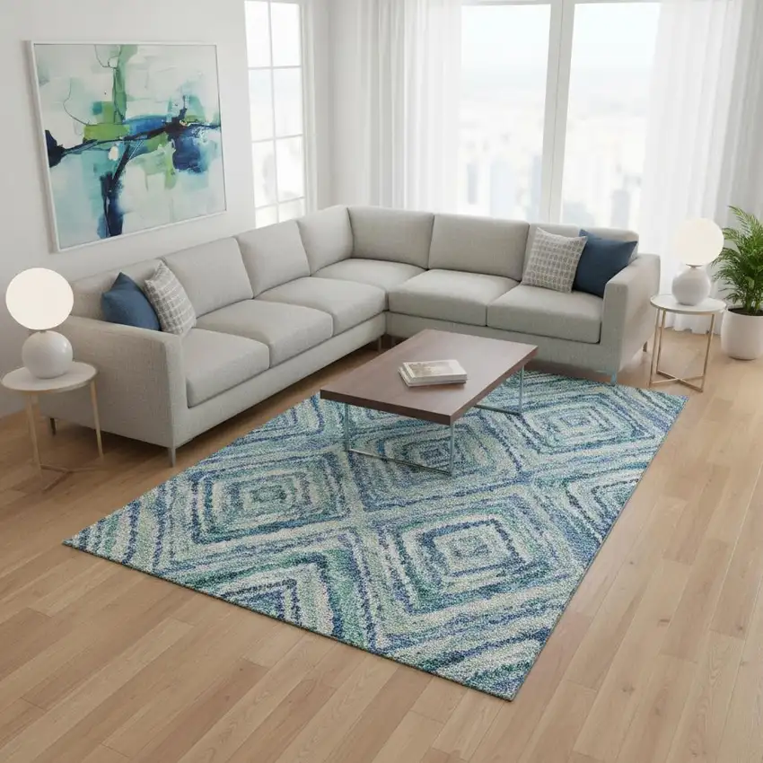 Blue Green And Ivory Geometric Washable Area Rug With UV Protection Photo 2