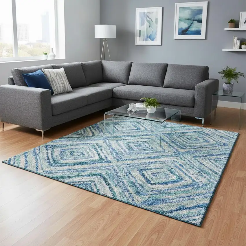 Blue Green And Ivory Geometric Washable Area Rug With UV Protection Photo 2