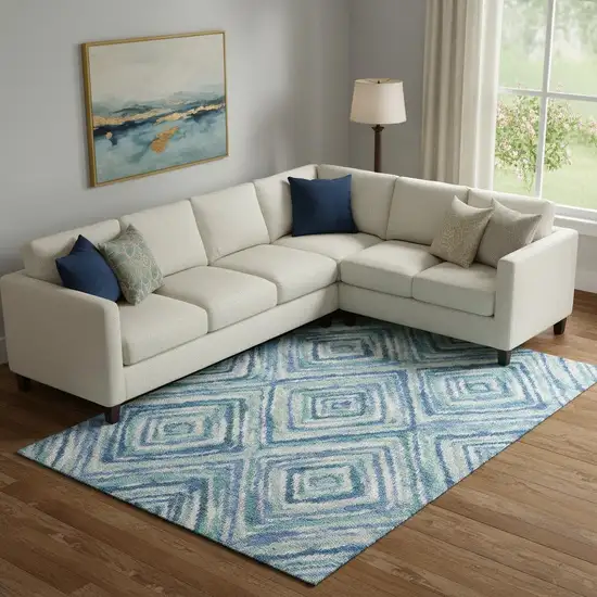 Blue Green And Ivory Geometric Washable Area Rug With UV Protection Photo 1