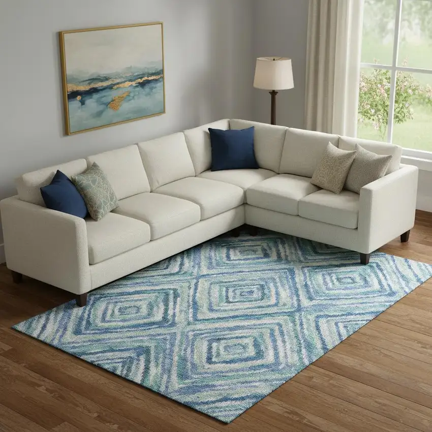 Blue Green And Ivory Geometric Washable Area Rug With UV Protection Photo 1
