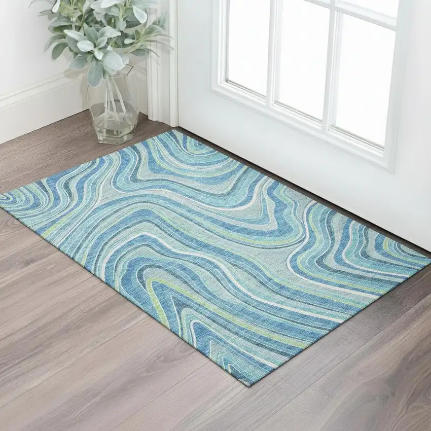 Blue Green And Ivory Marble Washable Area Rug With UV Protection Photo 1