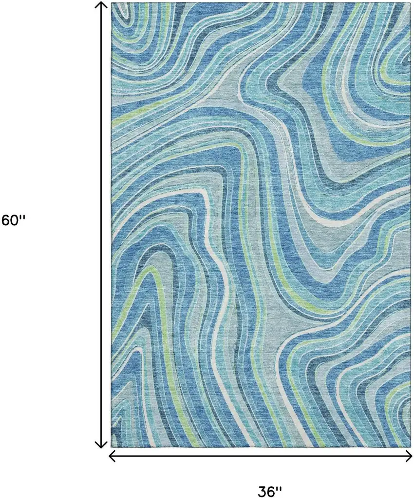 Blue Green And Ivory Marble Washable Area Rug With UV Protection Photo 3