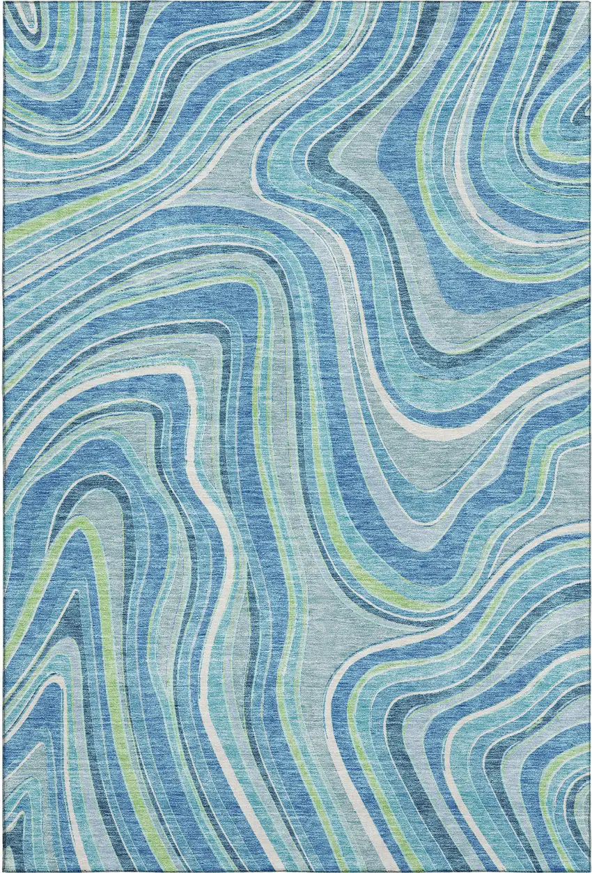 Blue Green And Ivory Marble Washable Area Rug With UV Protection Photo 1