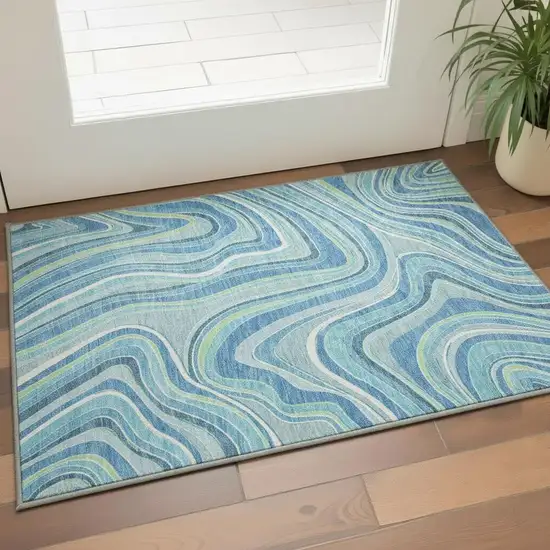 Blue Green And Ivory Marble Washable Area Rug With UV Protection Photo 2