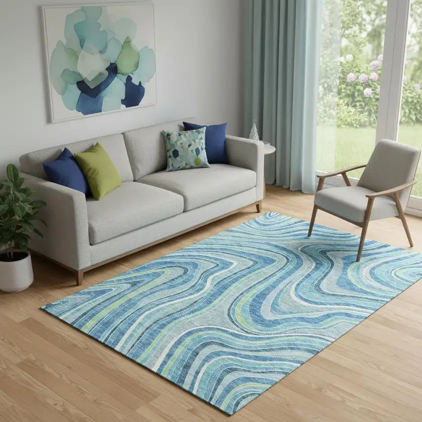 Blue Green And Ivory Marble Washable Area Rug With UV Protection Photo 1