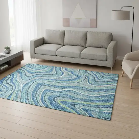 Blue Green And Ivory Marble Washable Area Rug With UV Protection Photo 2