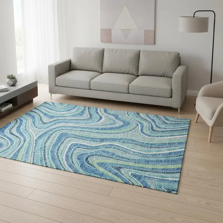 Blue Green And Ivory Marble Washable Area Rug With UV Protection Photo 2