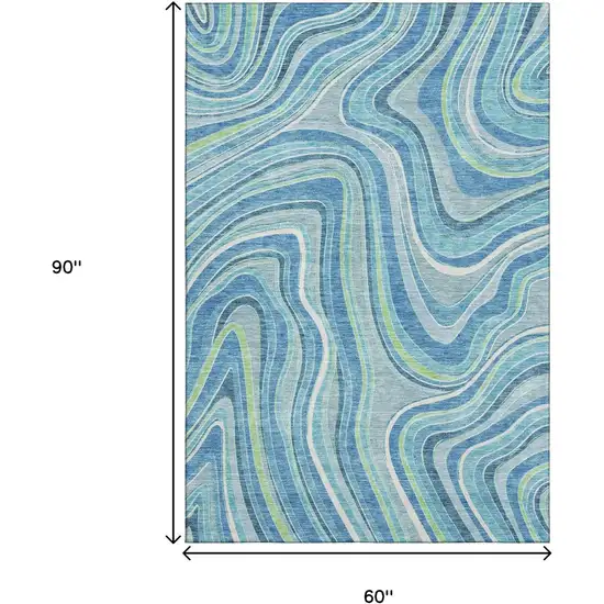 Blue Green And Ivory Marble Washable Area Rug With UV Protection Photo 3