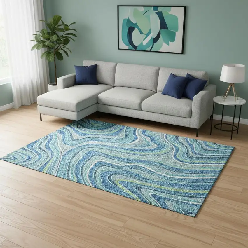 Blue Green And Ivory Marble Washable Area Rug With UV Protection Photo 2