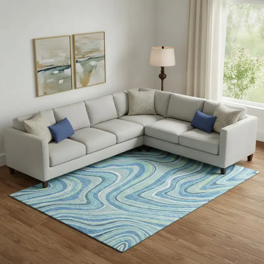 Blue Green And Ivory Marble Washable Area Rug With UV Protection Photo 1