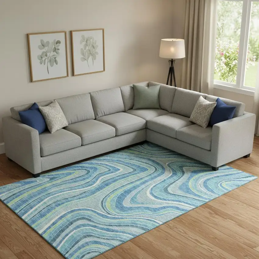 Blue Green And Ivory Marble Washable Area Rug With UV Protection Photo 1