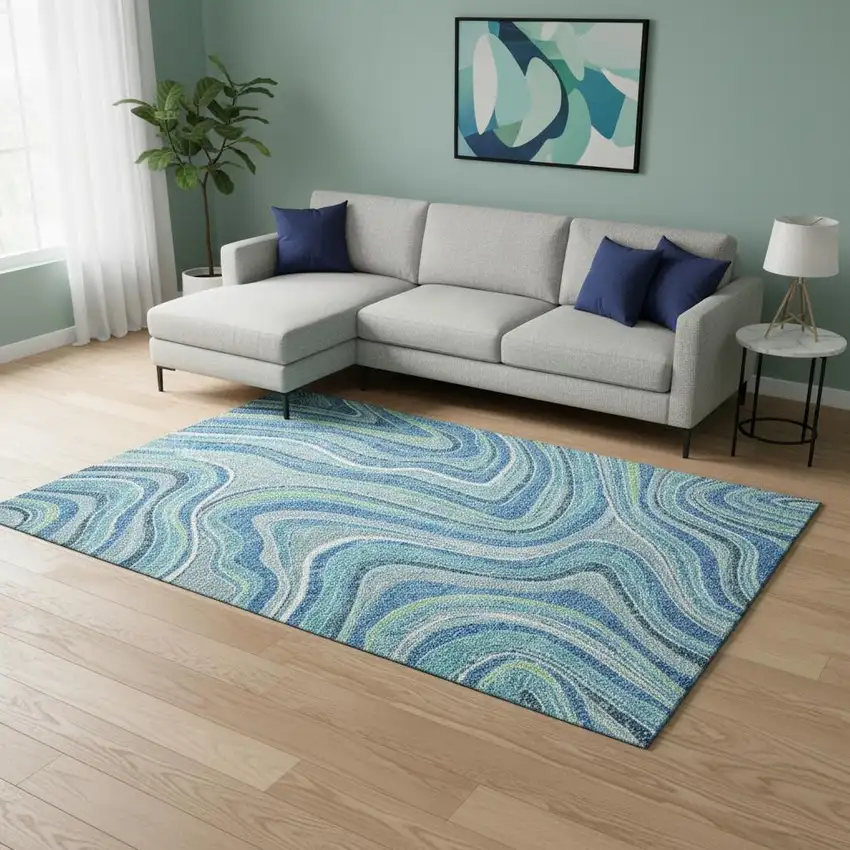 Blue Green And Ivory Marble Washable Area Rug With UV Protection Photo 2