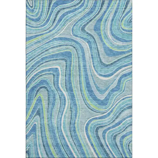 Blue Green And Ivory Marble Washable Area Rug With UV Protection Photo 1