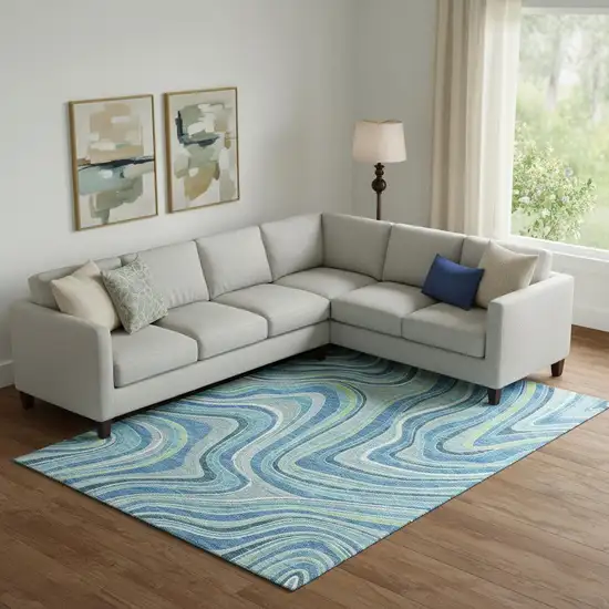 Blue Green And Ivory Marble Washable Area Rug With UV Protection Photo 1